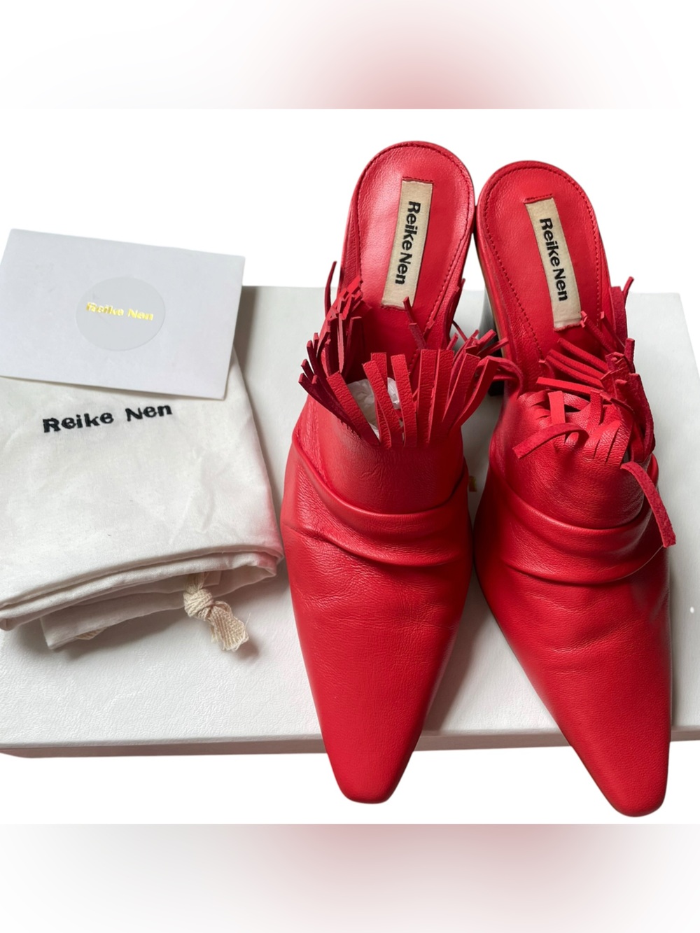 Reike Nen Red Leather Fringe Heeled Mules Slip-on Shoes Pointed Toe Women's 7 37 - Picture 4 of 12